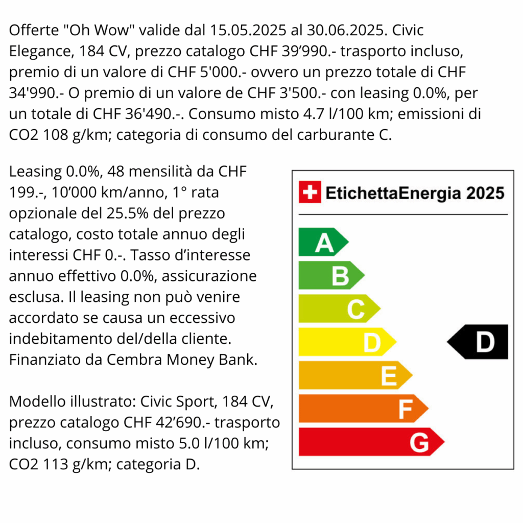 Un’offerta davvero “OH, WOW”: premi fino a CHF 5’000.– e tasso leasing a 0% sui modelli Honda e:HEV Hybrid Jazz e Civic! 3 CRIS campagna Honda WOW disclaimer 01